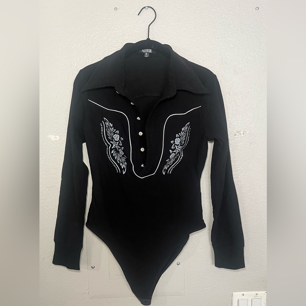 Black Cowboy-Style Bodysuit with Blue & White Detail - XL - Dolls Kill